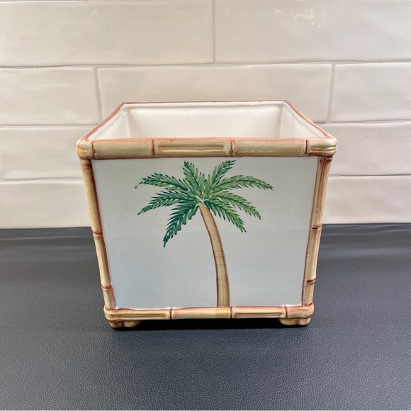 Tommy Bahama The Mane Lion Palm Tree Bamboo Square Cachepot Planter Italy - Picture 1 of 16